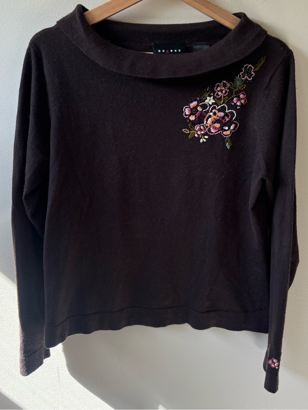 Axcess Brown Sweater with Beaded Floral Embroidery
